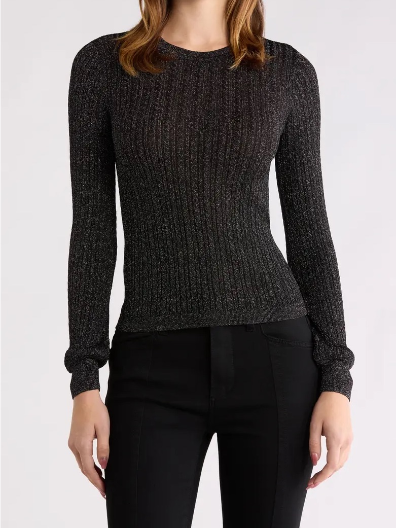 Paige Metallic Ribbed Crewneck Sweater - Black With Silver Shine